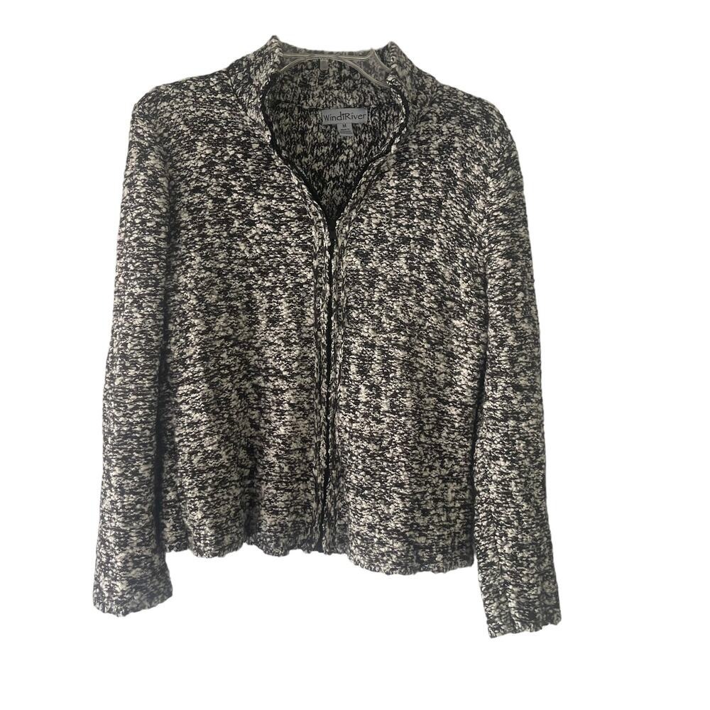 WindRiver Womens Black White Marled Wool Mohair Full Zip Cardigan Sweater M